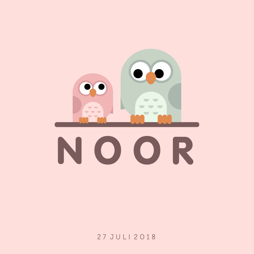 Geboortekaartje met simpel lief roze uiltje en broer/zus - Geboortekaartjes Geboortekaartjes - Geboortekaartje met simpel lief roze uiltje en broer/zus