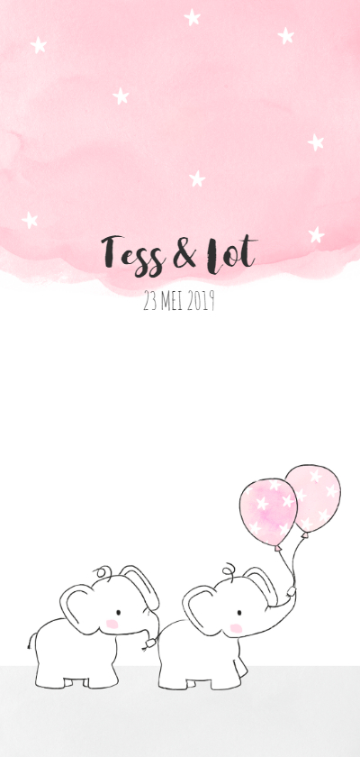 Geboortekaartje met tweeling olifantjes en roze ballonnen - Geboortekaartjes Geboortekaartjes - Geboortekaartje met tweeling olifantjes en roze ballonnen