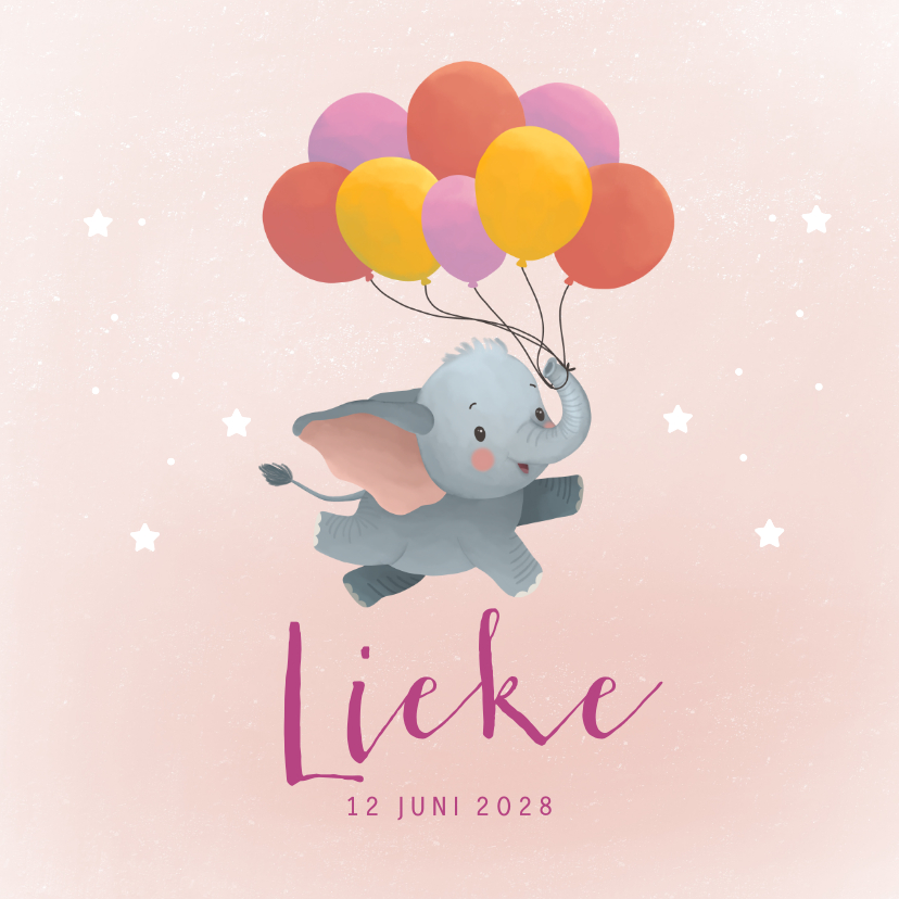 Geboortekaartje met vliegende olifant en ballonnen meisje - Geboortekaartjes Geboortekaartjes - Geboortekaartje met vliegende olifant en ballonnen meisje