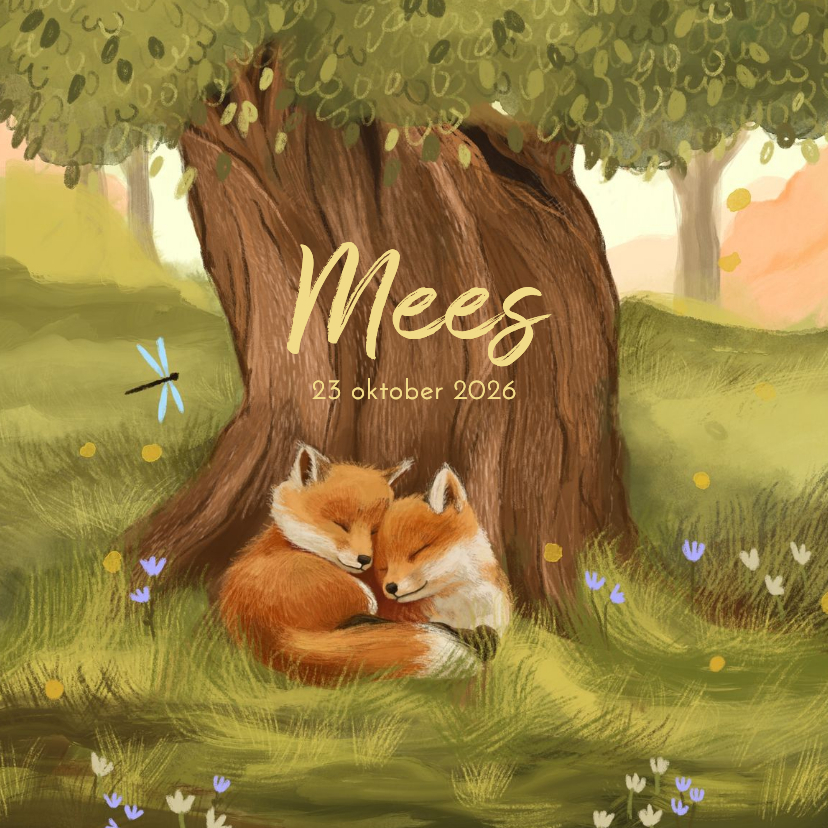 Geboortekaartje met vosjes in het bos liggend in het gras - Geboortekaartjes Geboortekaartjes - Geboortekaartje met vosjes in het bos liggend in het gras