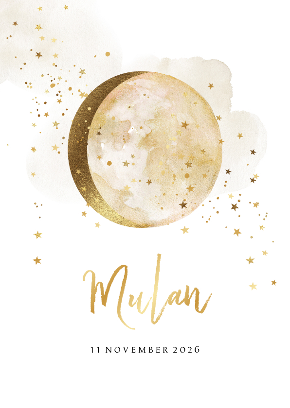 Geboortekaartjes - Geboortekaartje met watercolour, maan en sterretjes in goud