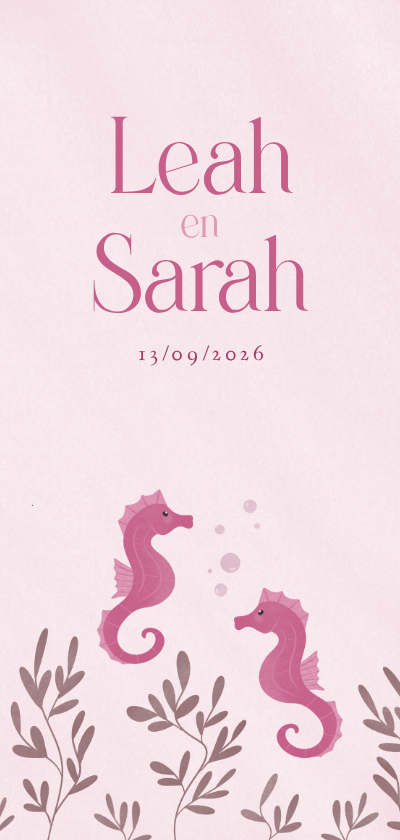 Geboortekaartje met zeepaardjes voor een tweeling roze - Geboortekaartjes Geboortekaartjes - Geboortekaartje met zeepaardjes voor een tweeling roze