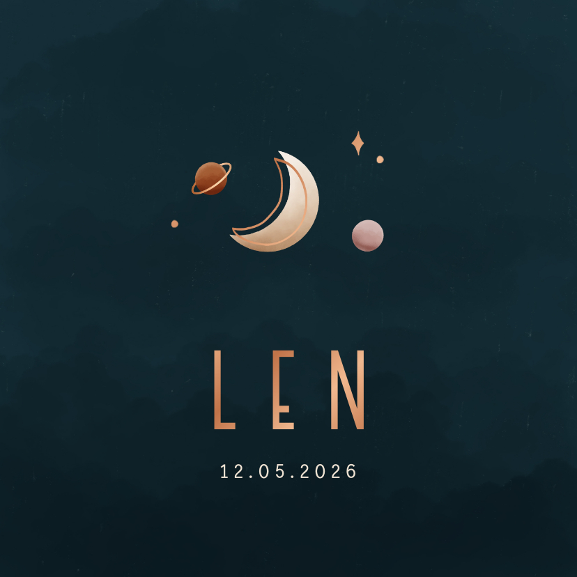 Geboortekaartje minimalistisch maan en planeten koperfolie - Geboortekaartjes Geboortekaartjes - Geboortekaartje minimalistisch maan en planeten koperfolie