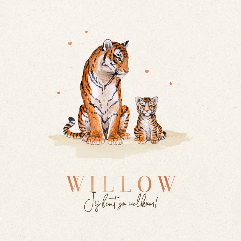Geboortekaartje neutraal tijgers schattig hartjes koper - Geboortekaartjes Geboortekaartjes - Geboortekaartje neutraal tijgers schattig hartjes koper