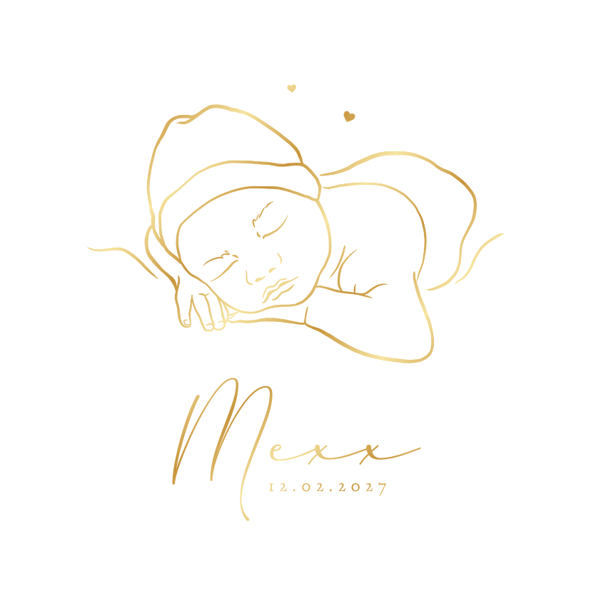 Geboortekaartjes - Geboortekaartje newborn baby lijntekening goud hartjes lief