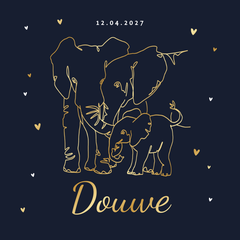 Geboortekaartje olifant gezin goud hartjes - Geboortekaartjes Geboortekaartjes - Geboortekaartje olifant gezin goud hartjes