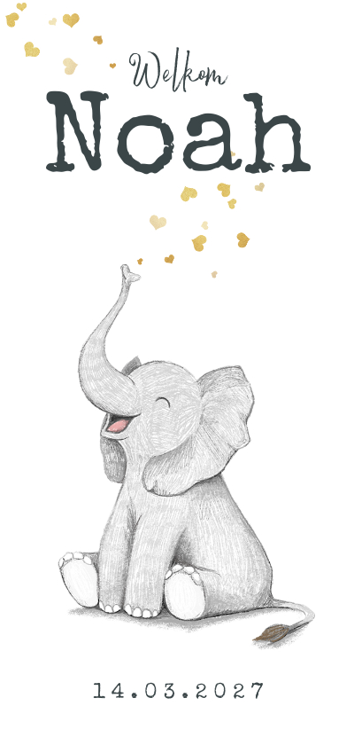 Geboortekaartjes - Geboortekaartje olifant hartjes goud unisex