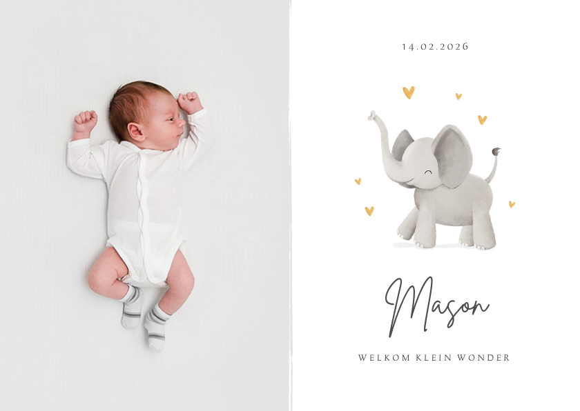 Geboortekaartjes - Geboortekaartje olifant hartjes stijlvol lief goud foto