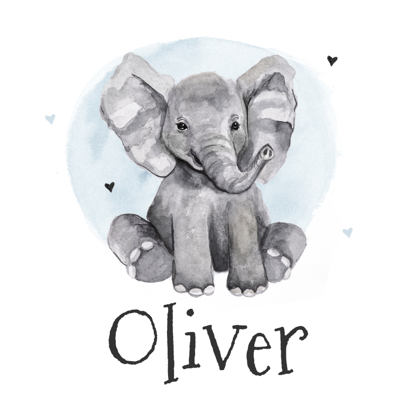 Geboortekaartje olifant jongen waterverf hartjes - Geboortekaartjes Geboortekaartjes - Geboortekaartje olifant jongen waterverf hartjes
