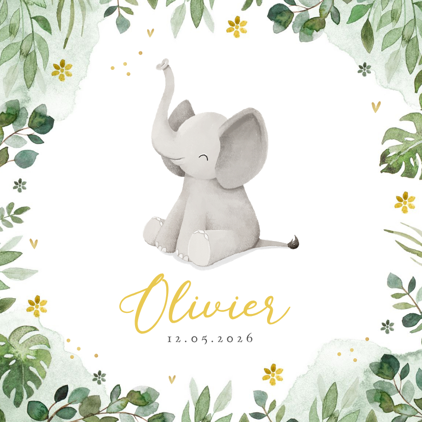 Geboortekaartjes - Geboortekaartje olifant jungle bloemen waterverf hartjes
