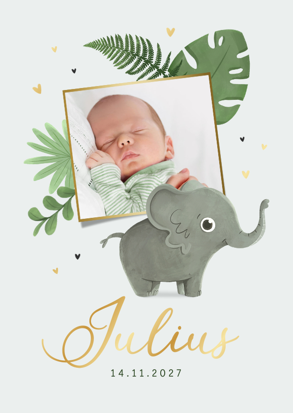 Geboortekaartje olifant jungle dieren goud hartjes foto - Geboortekaartjes Geboortekaartjes - Geboortekaartje olifant jungle dieren goud hartjes foto