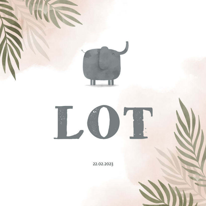 Geboortekaartje olifant jungle met roze waterverf - Geboortekaartjes Geboortekaartjes - Geboortekaartje olifant jungle met roze waterverf