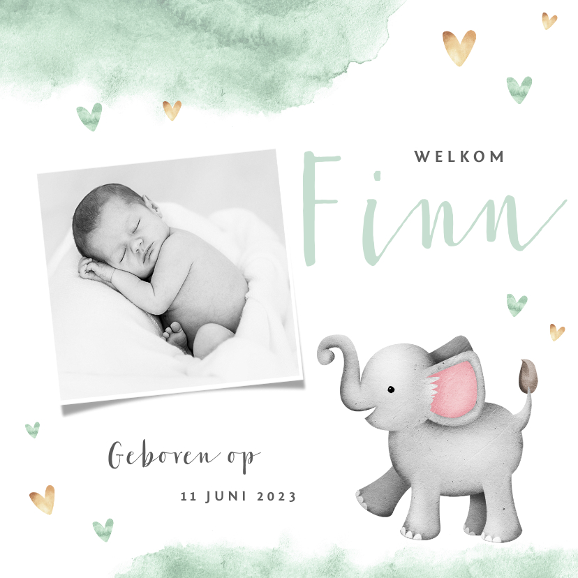 Geboortekaartje olifant mint waterverf hartjes foto - Geboortekaartjes Geboortekaartjes - Geboortekaartje olifant mint waterverf hartjes foto