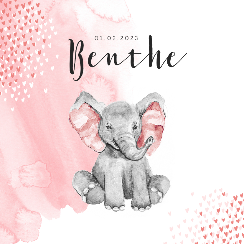 Geboortekaartjes - Geboortekaartje olifant waterverf hartjes roze meisje