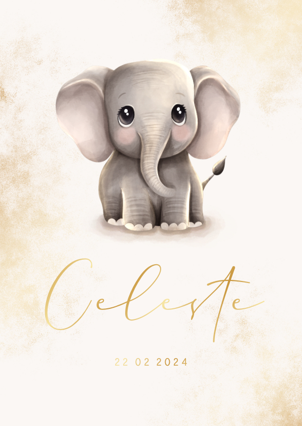 Geboortekaartjes - Geboortekaartje olifantje met gouden accenten stijlvol