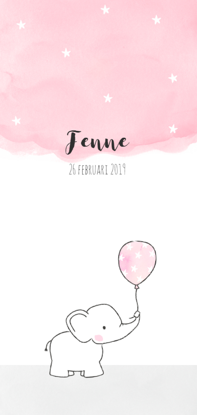 Geboortekaartje olifantje met roze ballon en sterren - Geboortekaartjes Geboortekaartjes - Geboortekaartje olifantje met roze ballon en sterren