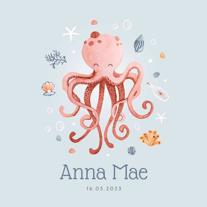 Geboortekaartje onderwater octopus schelpjes sterren - Geboortekaartjes Geboortekaartjes - Geboortekaartje onderwater octopus schelpjes sterren