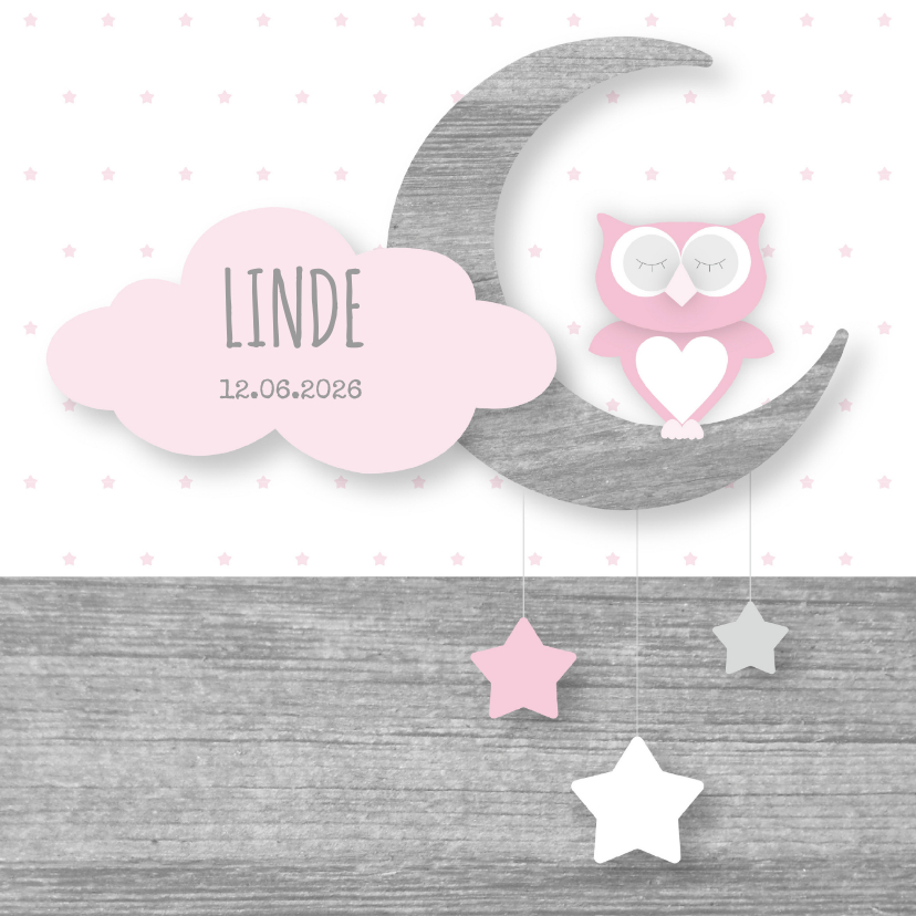 Geboortekaartje uiltje maan en sterren roze - Geboortekaartjes Geboortekaartjes - Geboortekaartje uiltje maan en sterren roze
