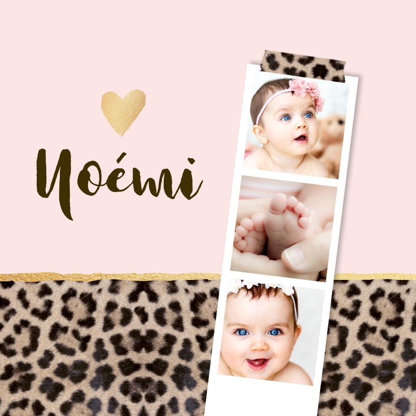 Geboortekaartje panterprint fotostrip hartje - Geboortekaartjes Geboortekaartjes - Geboortekaartje panterprint fotostrip hartje