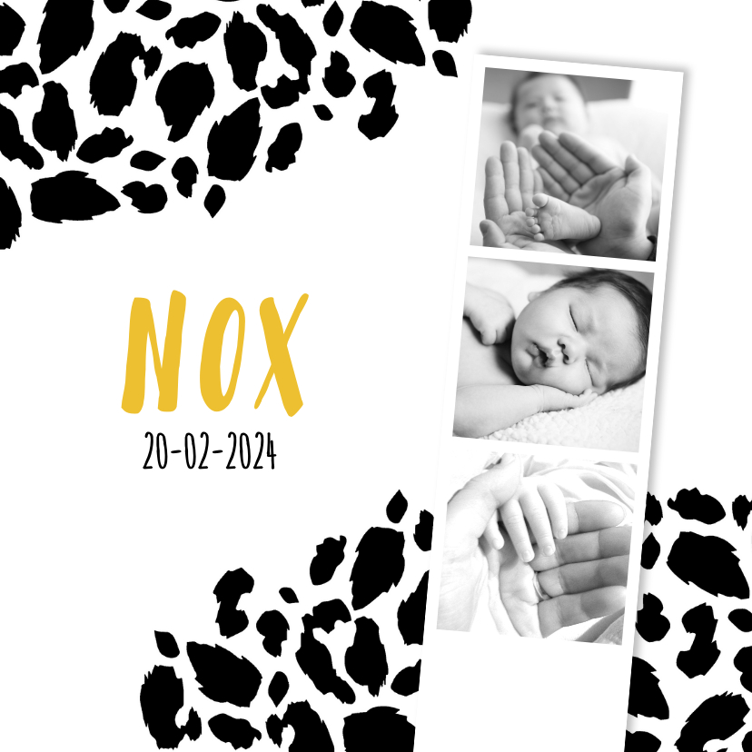 Geboortekaartjes - Geboortekaartje panterprint fotostrip zwart-wit 