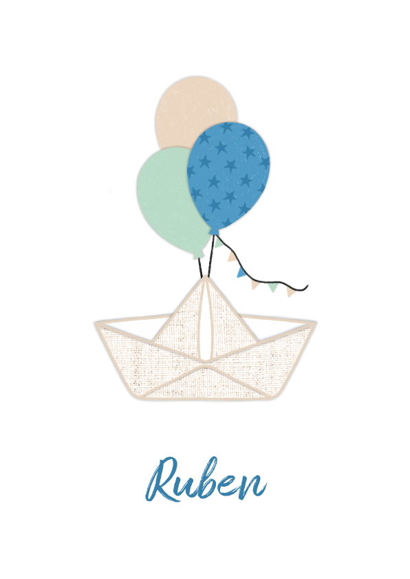 Geboortekaartje papieren bootje ballonnen blauw - Geboortekaartjes Geboortekaartjes - Geboortekaartje papieren bootje ballonnen blauw