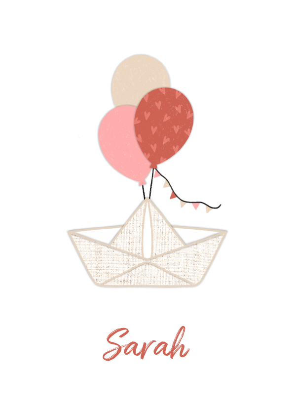 Geboortekaartjes - Geboortekaartje papieren bootje ballonnen roze