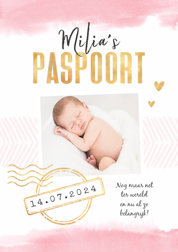 Geboortekaartjes - Geboortekaartje paspoort waterverf meisje stempels goud