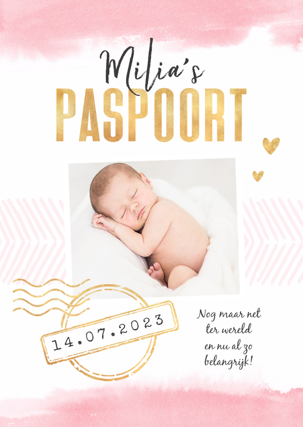 Geboortekaartjes - Geboortekaartje paspoort waterverf meisje stempels goud