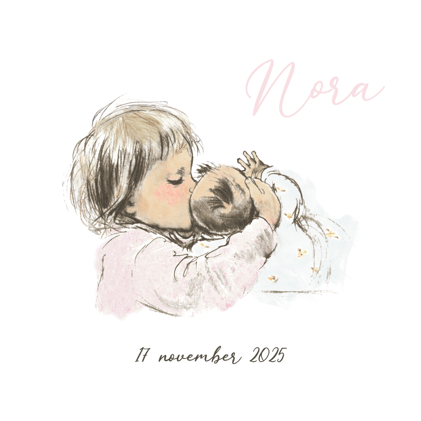 Geboortekaartjes - Geboortekaartje pentekening baby met grote zus in kleur