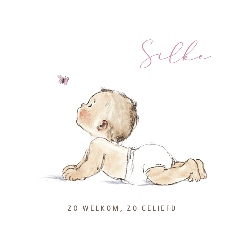 Geboortekaartje pentekening baby roze vlinder - Geboortekaartjes Geboortekaartjes - Geboortekaartje pentekening baby roze vlinder