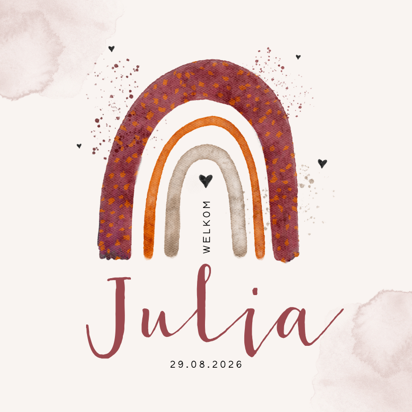 Geboortekaartjes - Geboortekaartje regenboog meisje waterverf hartjes spetters