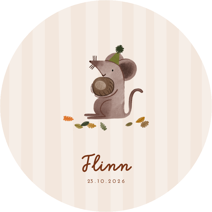 Geboortekaartje rond herfst muisje met bladeren strepen - Geboortekaartjes Geboortekaartjes - Geboortekaartje rond herfst muisje met bladeren strepen