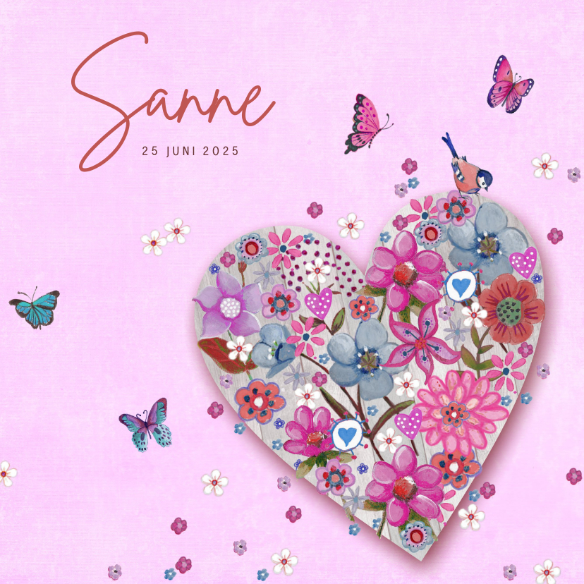 Geboortekaartje Roze Hart Bloem - Geboortekaartjes Geboortekaartjes - Geboortekaartje Roze Hart Bloem