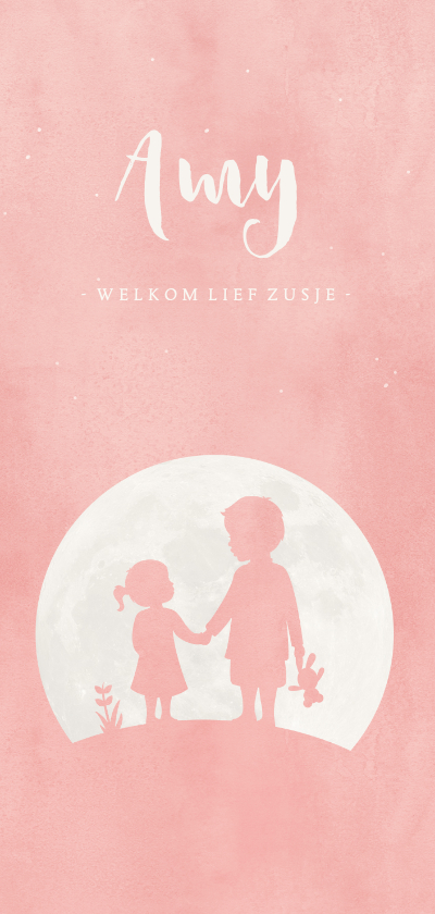 Geboortekaartjes - Geboortekaartje roze silhouet broer en zusje in volle maan
