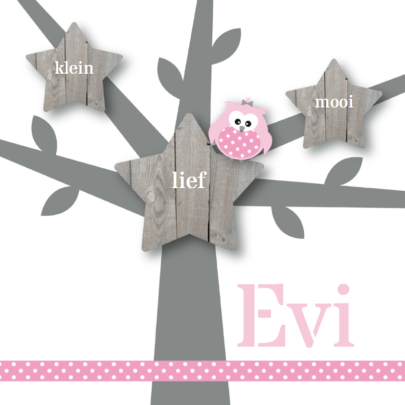 Geboortekaartje roze uiltje boom - Geboortekaartjes Geboortekaartjes - Geboortekaartje roze uiltje boom