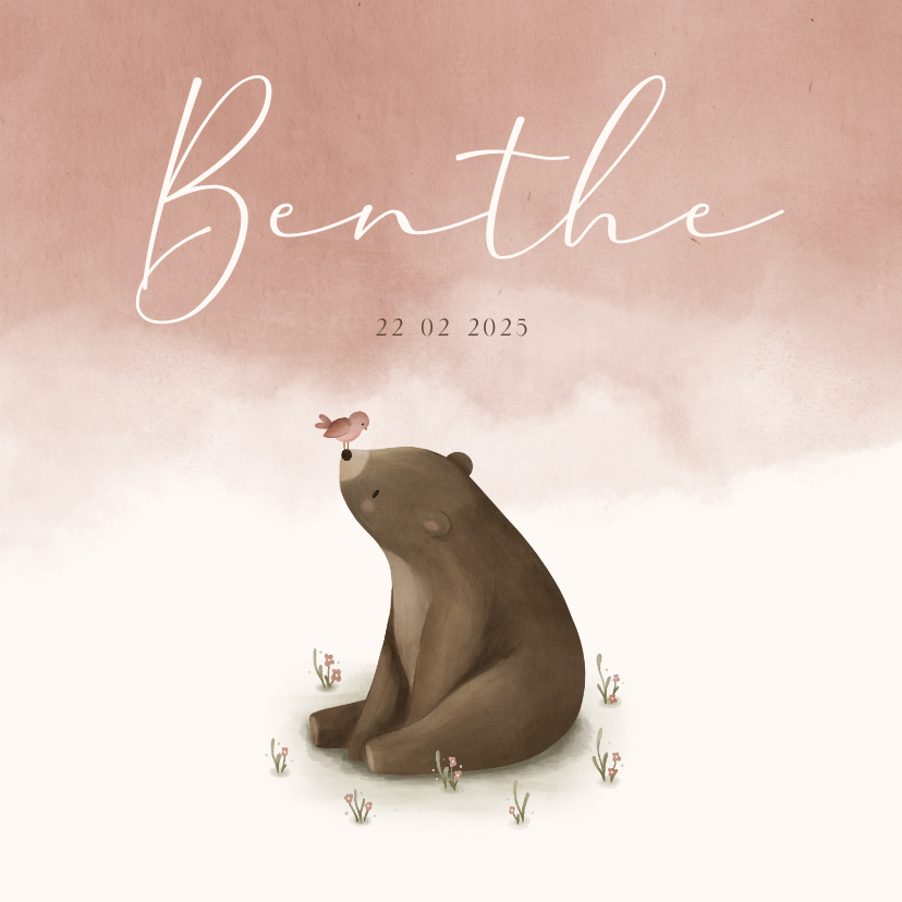 Geboortekaartjes - Geboortekaartje roze waterverf met een beer en vogeltje