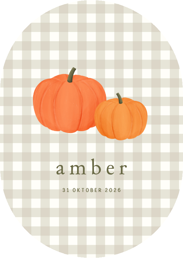 Geboortekaartjes - Geboortekaartje ruitjes pompoen herfst ovaal
