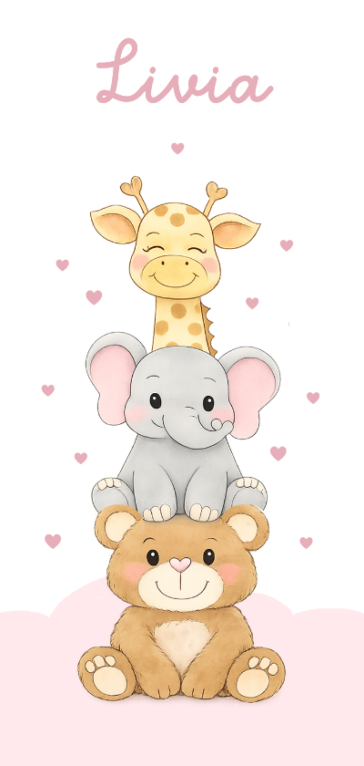 Geboortekaartjes - Geboortekaartje safari dieren hartjes lief meisje