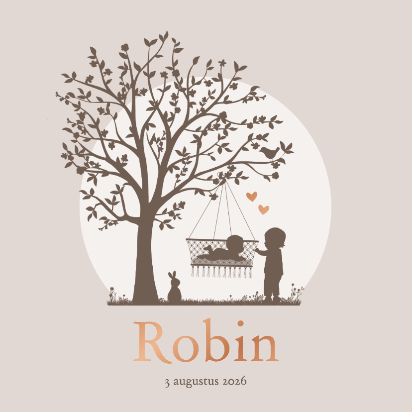 Geboortekaartjes - Geboortekaartje silhouet baby in hangschommel en broertje