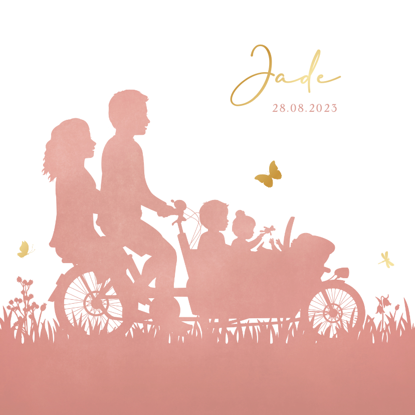 Geboortekaartjes - Geboortekaartje silhouet bakfiets met 3 kinderen broer zus