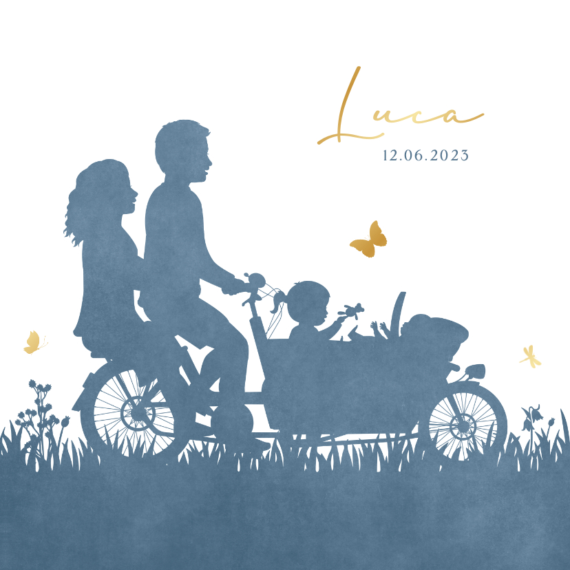 Geboortekaartjes - Geboortekaartje silhouet bakfiets met grote zus 
