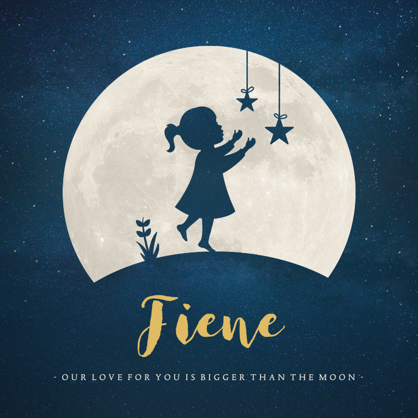 Geboortekaartje silhouet meisje met sterren bij volle maan - Geboortekaartjes Geboortekaartjes - Geboortekaartje silhouet meisje met sterren bij volle maan