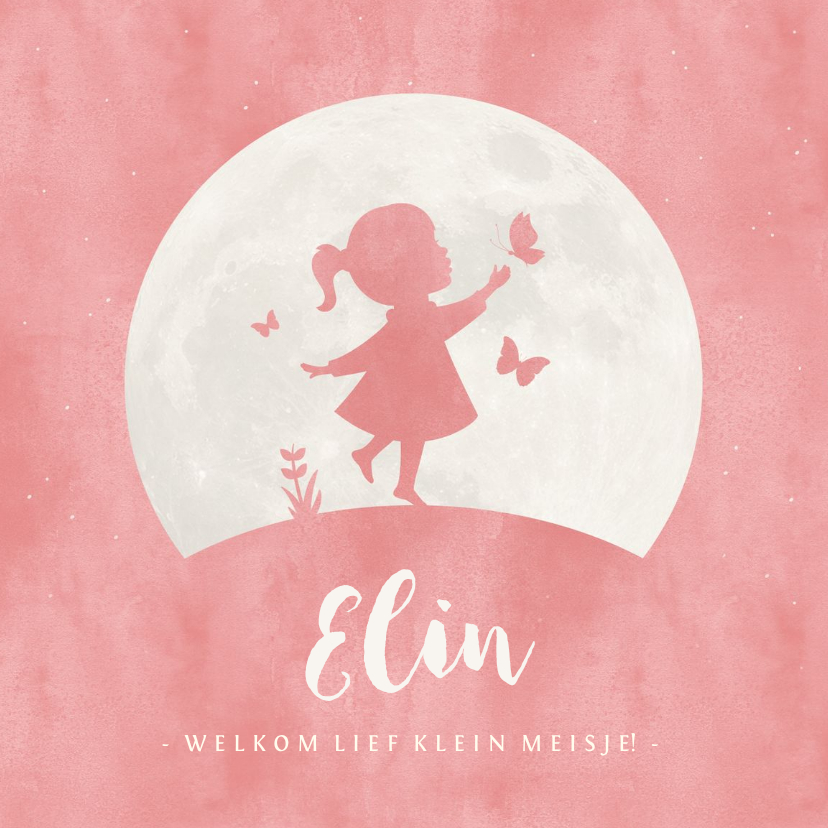 Geboortekaartjes - Geboortekaartje silhouet meisje met vlinders en maan