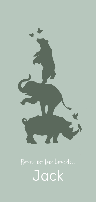 Geboortekaartjes - Geboortekaartje silhouet neushoorn, olifant en beer