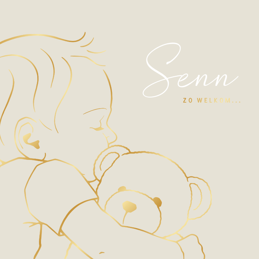 Geboortekaartjes - Geboortekaartje slapend jongetje met teddybeer in goudlook