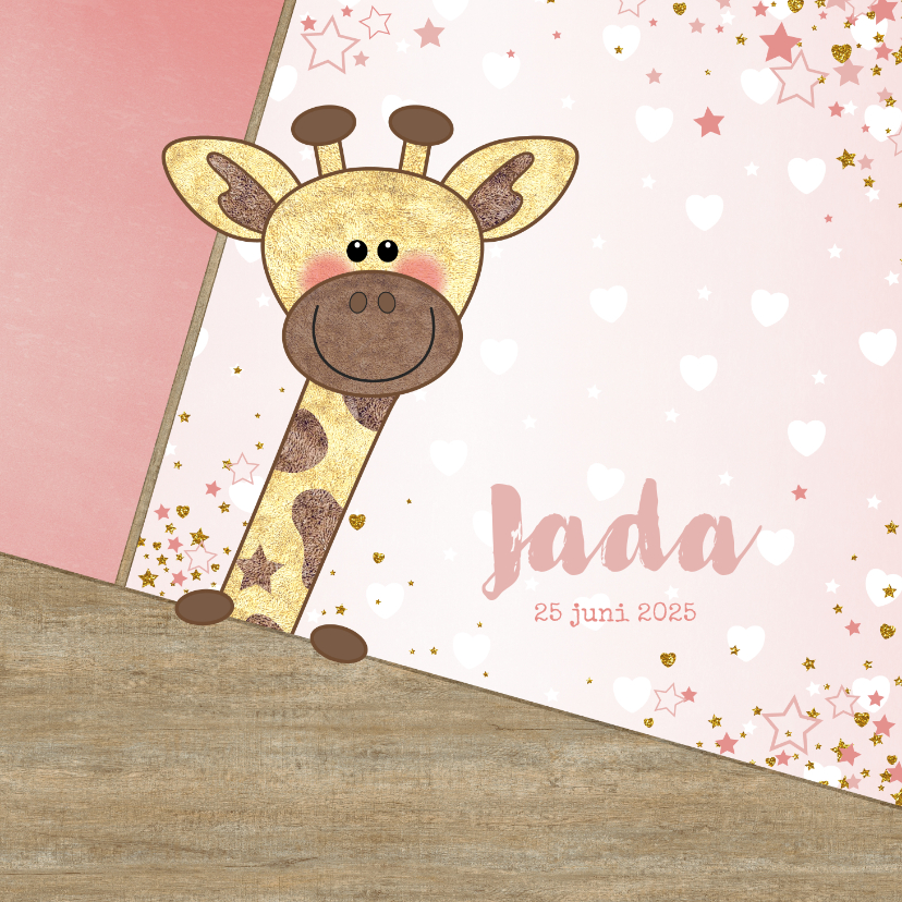 Geboortekaartjes - Geboortekaartje stoer kaartje met  lief girafje en hartjes