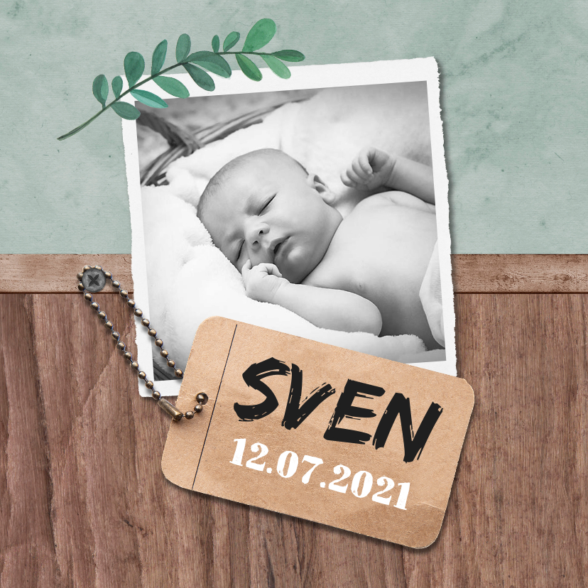 Geboortekaartjes - Geboortekaartje stoer met hout en label