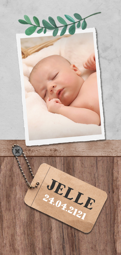 Geboortekaartjes - Geboortekaartje stoer met hout, label en blaadje