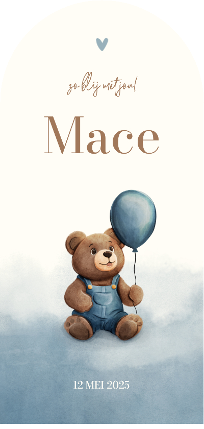 Geboortekaartje teddybeer boog met ballon blauwe waterverf - Geboortekaartjes Geboortekaartjes - Geboortekaartje teddybeer boog met ballon blauwe waterverf