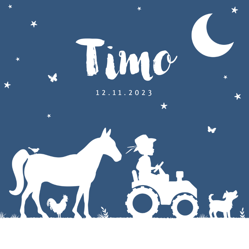 Geboortekaartjes - Geboortekaartje tractor blauw maan jongen dieren boerderij